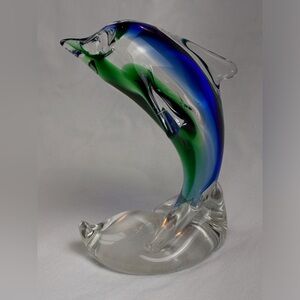Vibrant Murano Style Hand Blown Art Glass Dolphin Sculpture in Blue and Green
